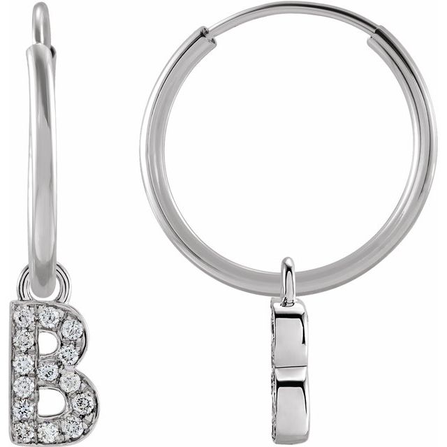 14K White .05 CTW Natural Diamond Single Initial B Hoop Earring