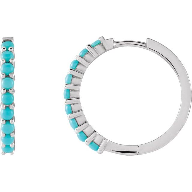 14K White Natural Turquoise 20 mm Huggie Hoop Earrings