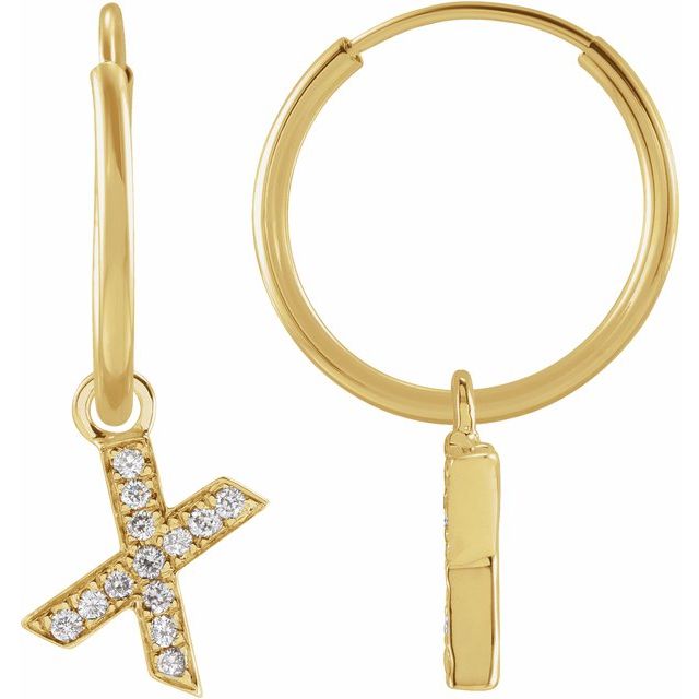 14K Yellow .04 CTW Natural Diamond Single Initial X Hoop Earring