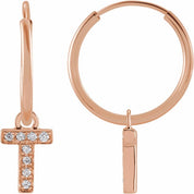 14K Rose .03 CTW Natural Diamond Single Initial T Hoop Earring