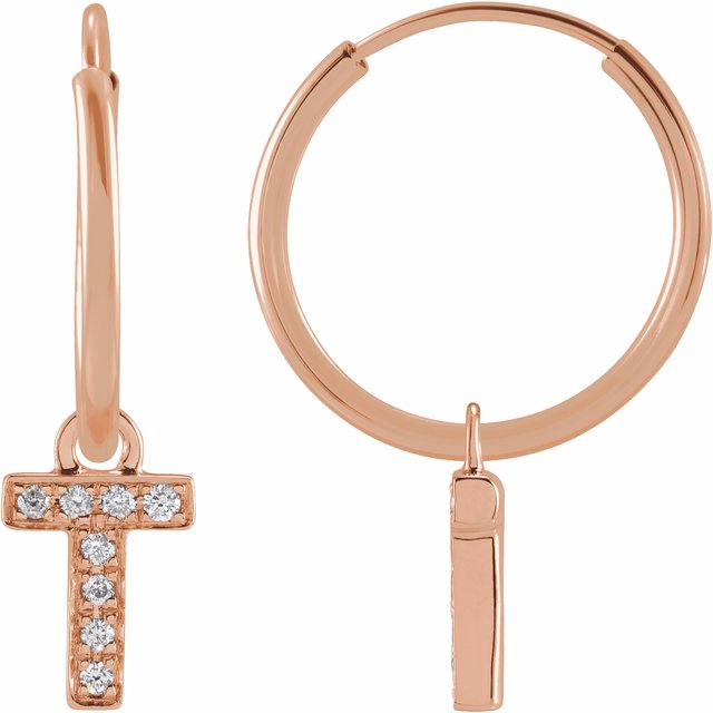 14K Rose .03 CTW Natural Diamond Single Initial T Hoop Earring