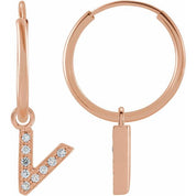14K Rose .03 CTW Natural Diamond Single Initial V Hoop Earring