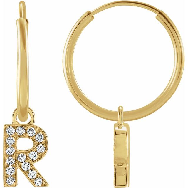 14K Yellow .05 CTW Natural Diamond Single Initial R Hoop Earring