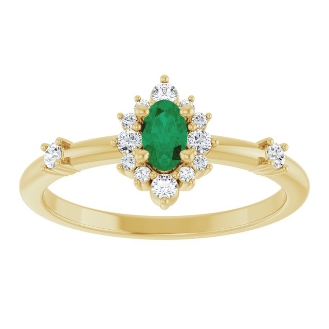 14K Yellow Lab-Grown Emerald & 1/6 CTW Natural Diamond Halo-Style Ring