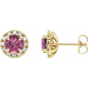 14K Yellow 6 mm Natural Pink Tourmaline & 1/3 CTW Natural Diamond Halo-Style Earrings