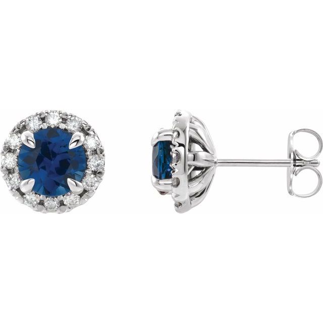 Sterling Silver 6 mm Natural Blue Sapphire & 1/3 CTW Natural Diamond Halo-Style Earrings