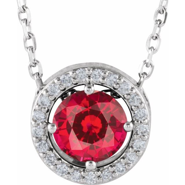 Sterling Silver Lab-Grown Ruby & .05 CTW Natural Diamond Halo-Style 16" Necklace
