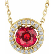 14K Yellow Lab-Grown Ruby & .05 CTW Natural Diamond Halo-Style 16" Necklace