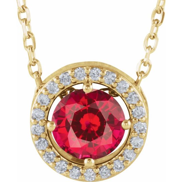 14K Yellow Lab-Grown Ruby & .05 CTW Natural Diamond Halo-Style 16" Necklace