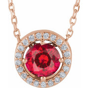 14K Rose Lab-Grown Ruby & .05 CTW Natural Diamond Halo-Style 16" Necklace