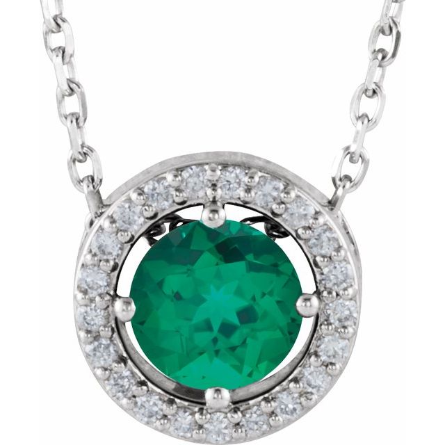 Sterling Silver Lab-Grown Emerald & .05 CTW Natural Diamond Halo-Style 16" Necklace