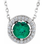 14K White Lab-Grown Emerald & .05 CTW Natural Diamond Halo-Style 16" Necklace