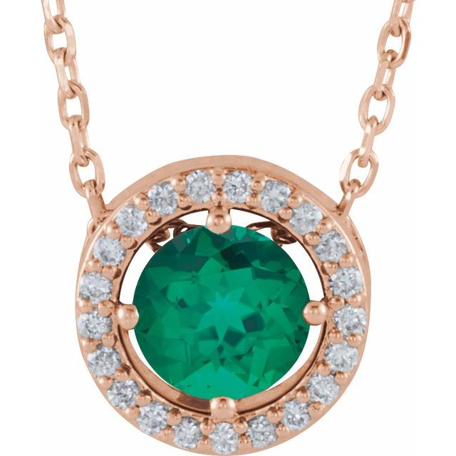 14K Rose Lab-Grown Emerald & .05 CTW Natural Diamond Halo-Style 16" Necklace
