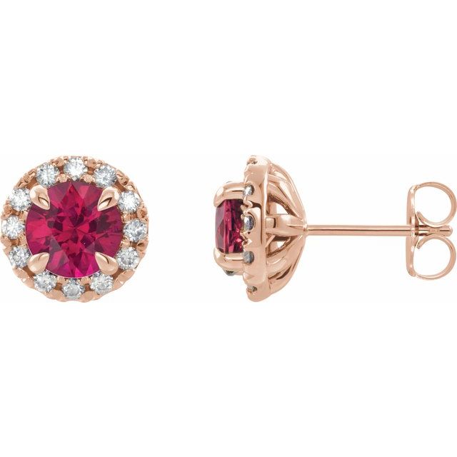 14K Rose 6 mm Lab-Grown Ruby & 1/3 CTW Natural Diamond Halo-Style Earrings