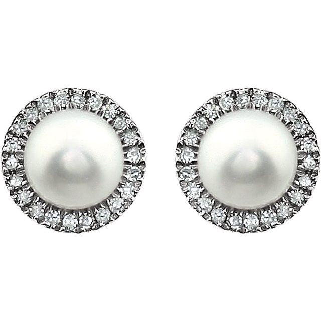 14K White Cultured White Freshwater Pearl & 1/8 CTW Natural Diamond Earrings