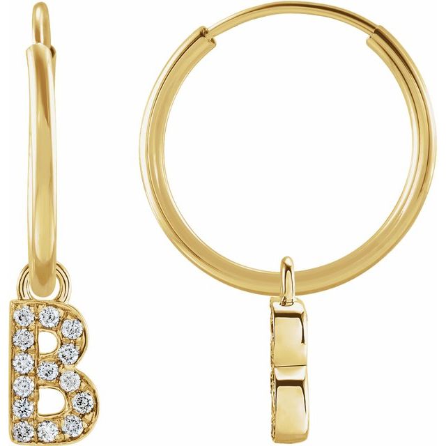 14K Yellow .05 CTW Natural Diamond Single Initial B Hoop Earring