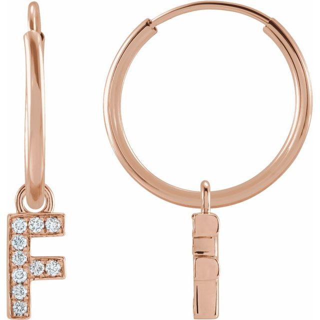 14K Rose .04 CTW Natural Diamond Single Initial F Hoop Earring