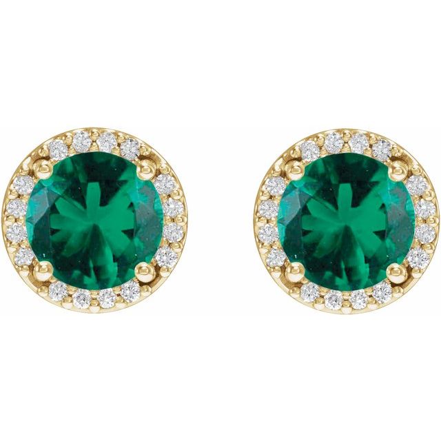 14K Yellow Lab-Grown Emerald & .05 CTW Natural Diamond Halo-Style Earrings