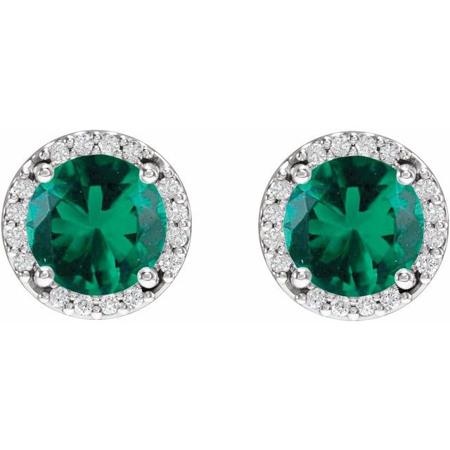 14K White Lab-Grown Emerald & .05 CTW Natural Diamond Halo-Style Earrings