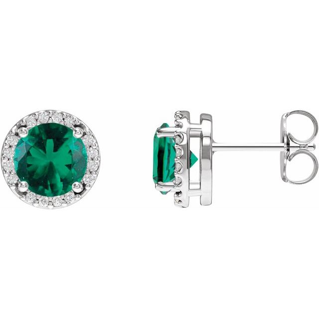 14K White Lab-Grown Emerald & .05 CTW Natural Diamond Halo-Style Earrings