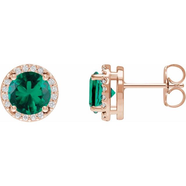 14K Rose Lab-Grown Emerald & .05 CTW Natural Diamond Halo-Style Earrings