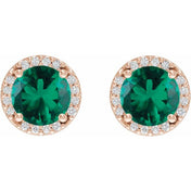 14K Rose Lab-Grown Emerald & 1/10 CTW Natural Diamond Halo-Style Earrings