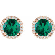 14K Rose Lab-Grown Emerald & .05 CTW Natural Diamond Halo-Style Earrings