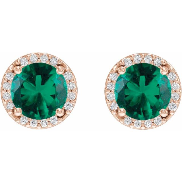 14K Rose Lab-Grown Emerald & .05 CTW Natural Diamond Halo-Style Earrings