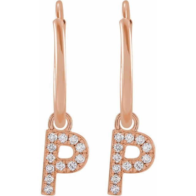 14K Rose .04 CTW Natural Diamond Single Initial P Hoop Earring