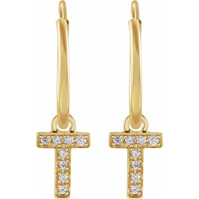 14K Yellow .03 CTW Natural Diamond Single Initial T Hoop Earring