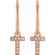 14K Rose .03 CTW Natural Diamond Single Initial T Hoop Earring
