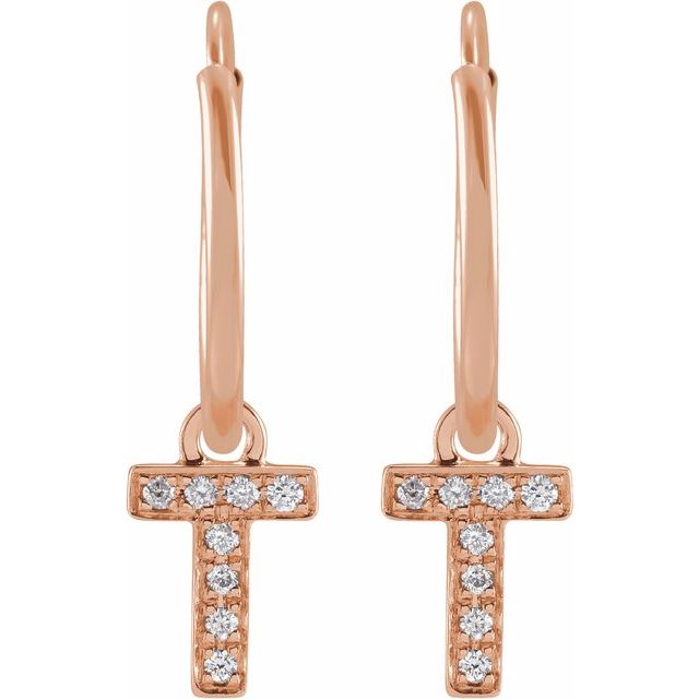 14K Rose .03 CTW Natural Diamond Single Initial T Hoop Earring