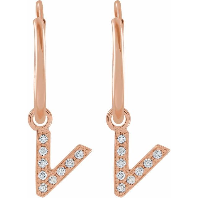 14K Rose .03 CTW Natural Diamond Single Initial V Hoop Earring