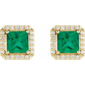 14K Yellow Lab-Grown Emerald & .08 CTW Natural Diamond Halo-Style Earrings