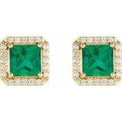 14K Yellow 5x5 mm Lab-Grown Emerald 1/6 CTW Natural Diamond Halo-Style Earrings