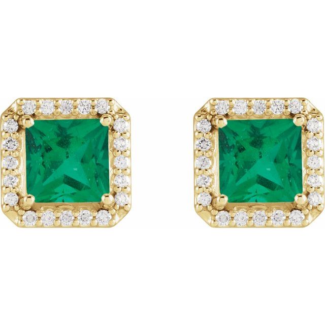 14K Yellow 5x5 mm Lab-Grown Emerald 1/6 CTW Natural Diamond Halo-Style Earrings