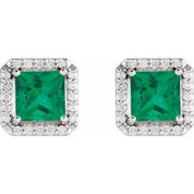Sterling Silver Lab-Grown Emerald & .08 CTW Natural Diamond Halo-Style Earrings