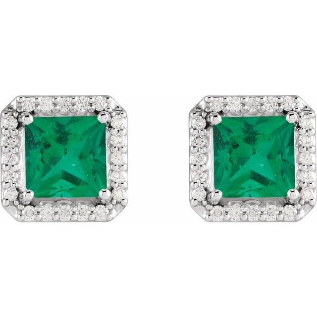 Sterling Silver Lab-Grown Emerald & .08 CTW Natural Diamond Halo-Style Earrings