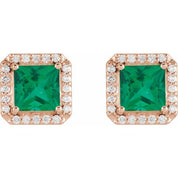 14K Rose Lab-Grown Emerald & .08 CTW Natural Diamond Halo-Style Earrings