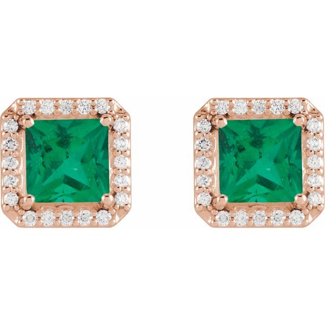 14K Rose Lab-Grown Emerald & .08 CTW Natural Diamond Halo-Style Earrings