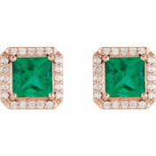 14K Rose 5x5 mm Lab-Grown Emerald 1/6 CTW Natural Diamond Halo-Style Earrings