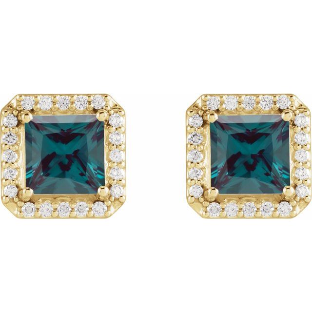 14K Yellow 5x5 mm Lab-Grown Alexandrite 1/6 CTW Natural Diamond Halo-Style Earrings