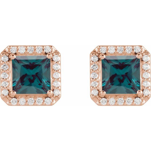 14K Rose Lab-Grown Alexandrite & .08 CTW Natural Diamond Halo-Style Earrings