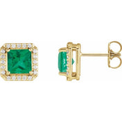 14K Yellow 5x5 mm Lab-Grown Emerald 1/6 CTW Natural Diamond Halo-Style Earrings
