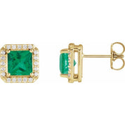 14K Yellow 5x5 mm Lab-Grown Emerald 1/6 CTW Natural Diamond Halo-Style Earrings