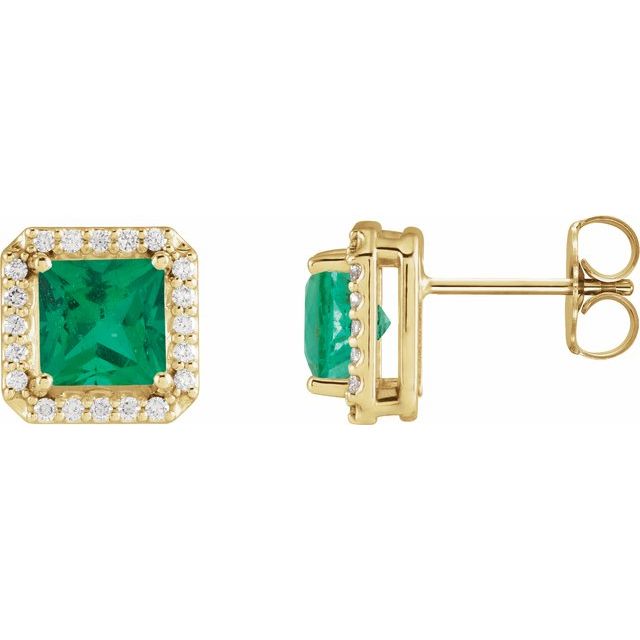 14K Yellow 5x5 mm Lab-Grown Emerald 1/6 CTW Natural Diamond Halo-Style Earrings