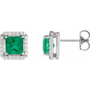 Sterling Silver 5x5 mm Lab-Grown Emerald 1/6 CTW Natural Diamond Halo-Style Earrings
