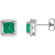 14K White Lab-Grown Emerald & .08 CTW Natural Diamond Halo-Style Earrings