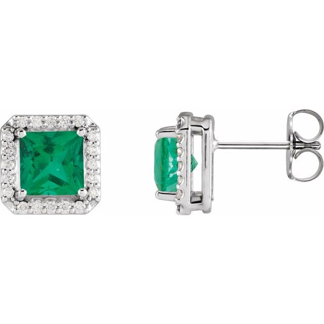 14K White Lab-Grown Emerald & .08 CTW Natural Diamond Halo-Style Earrings