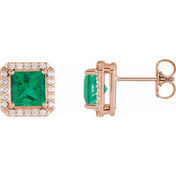 14K Rose Lab-Grown Emerald & .08 CTW Natural Diamond Halo-Style Earrings